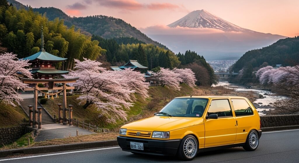Fazer Seu Carro Durar: Um carro bem conservado com uma paisagem japonesa ao fundo.