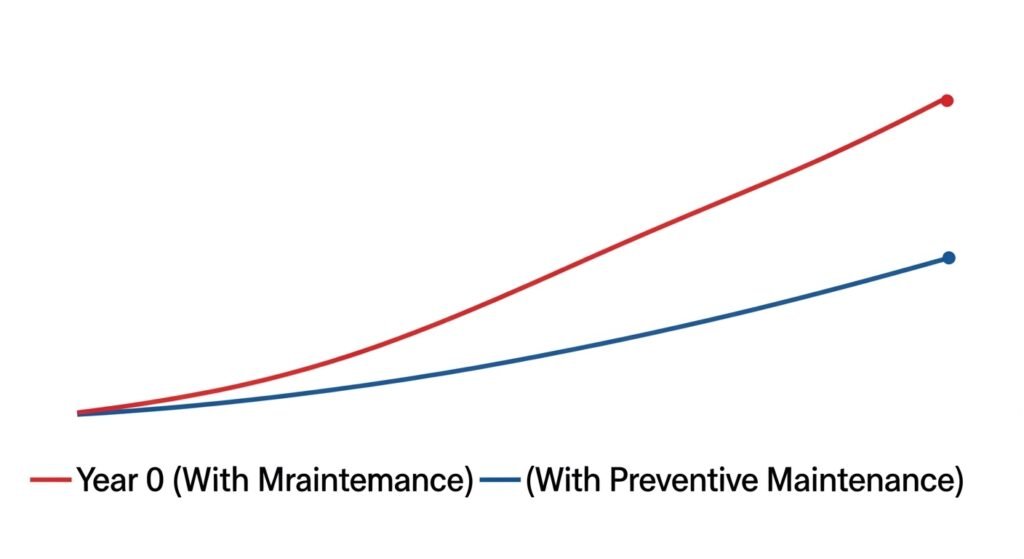Gráfico simples mostrando o impacto da manutenção preventiva nos custos de reparo ao longo do tempo.